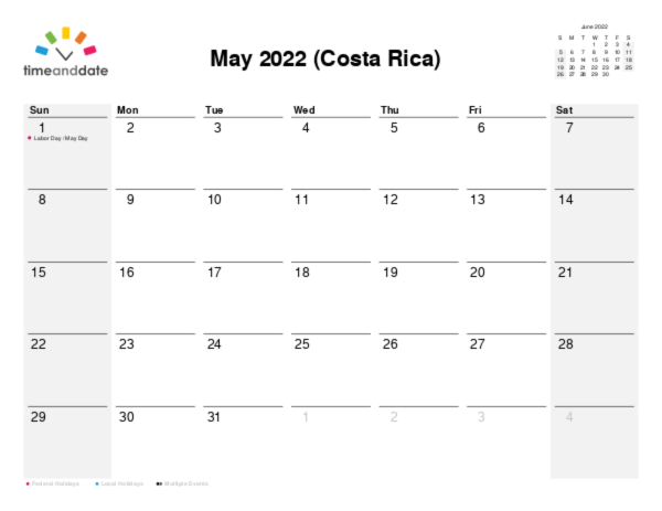 Calendar for 2022 in Costa Rica