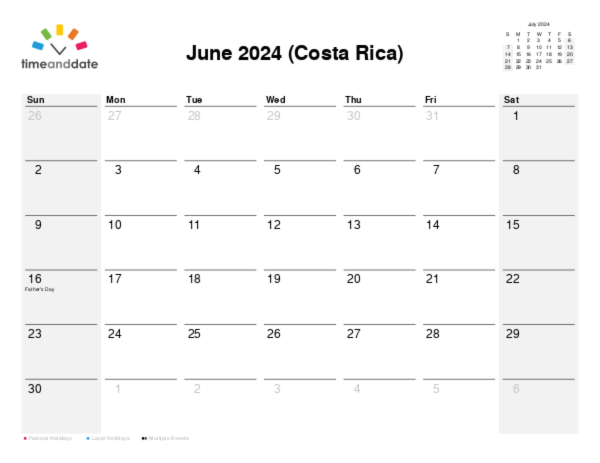 Calendar for 2024 in Costa Rica
