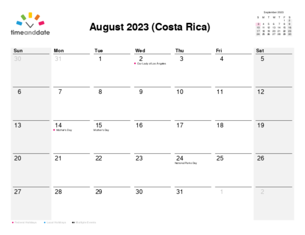 Calendar for 2023 in Costa Rica
