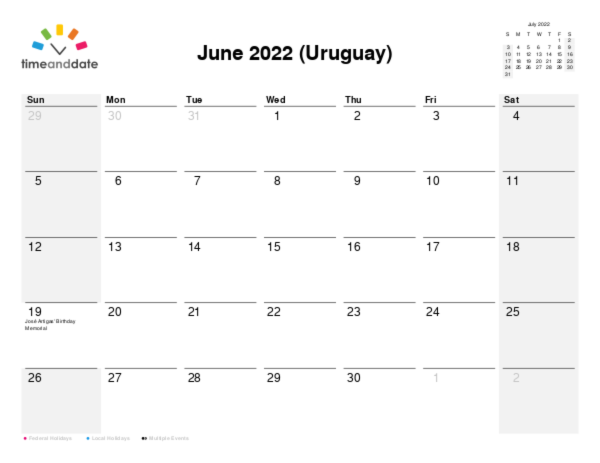 Calendar for 2022 in Uruguay