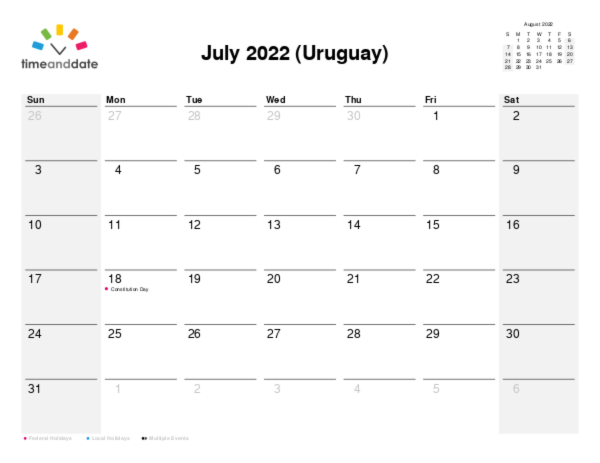 Calendar for 2022 in Uruguay