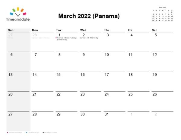 Calendar for 2022 in Panama