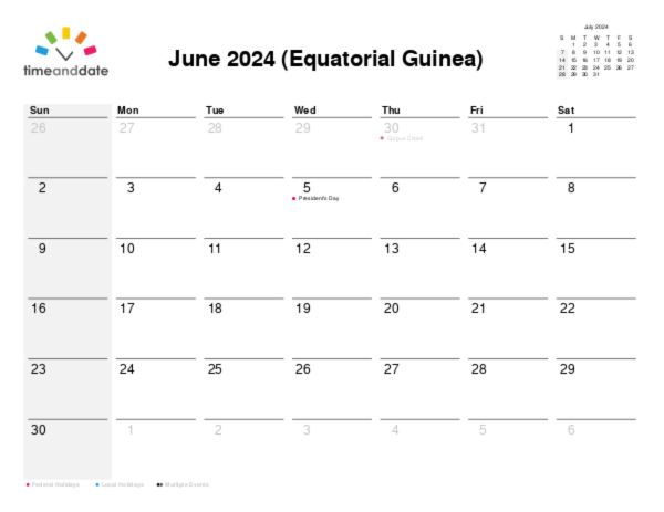 Calendar for 2024 in Equatorial Guinea
