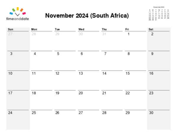 Calendar for 2024 in South Africa