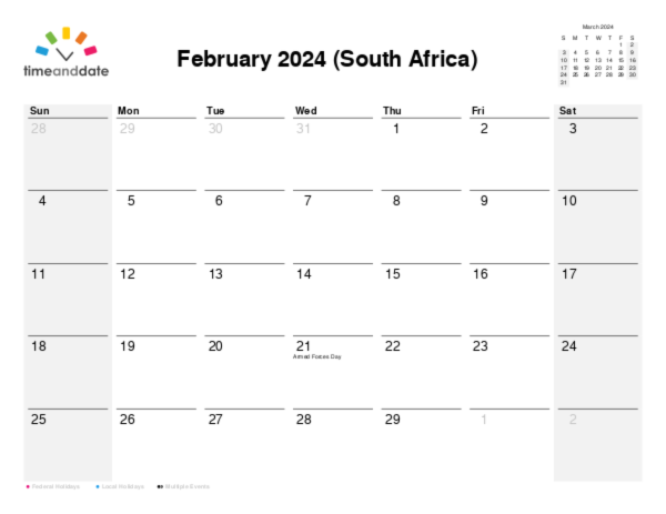 Calendar for 2024 in South Africa