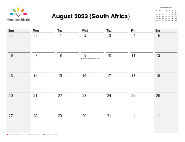 Calendar for 2023 in South Africa