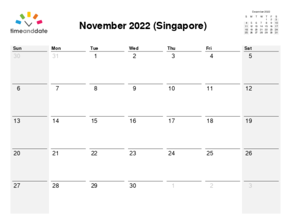 Calendar for 2022 in Singapore