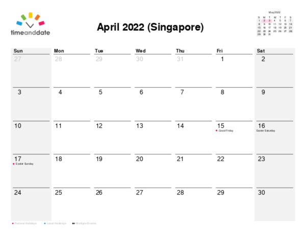 Calendar for 2022 in Singapore