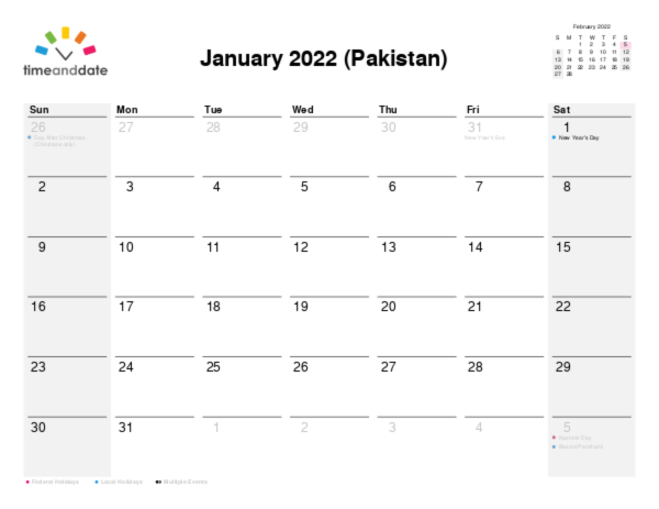 Calendar for 2022 in Pakistan