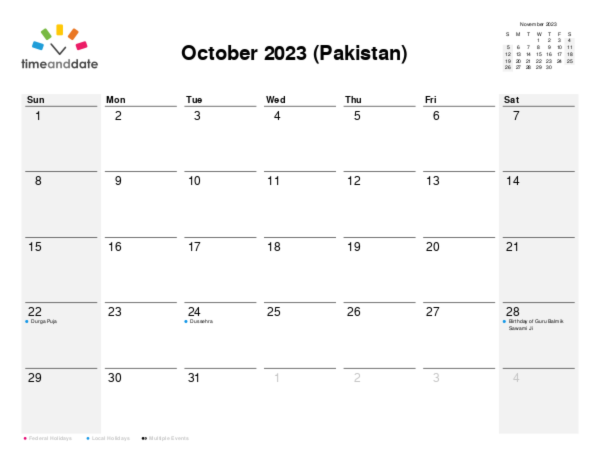 Calendar for 2023 in Pakistan