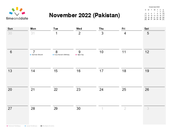 Calendar for 2022 in Pakistan