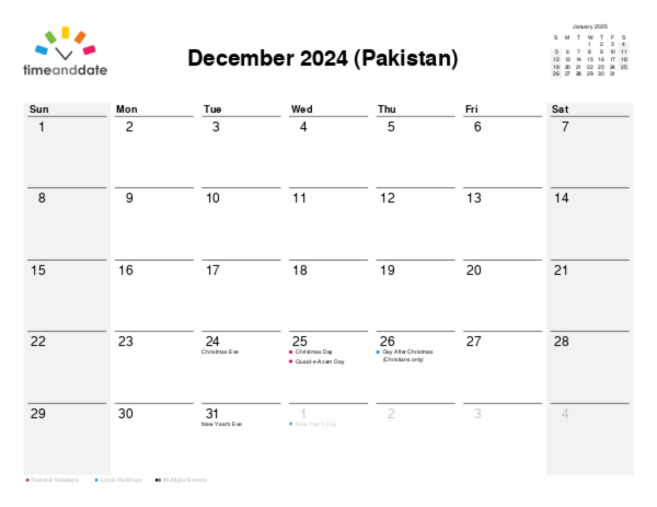 Calendar for 2024 in Pakistan