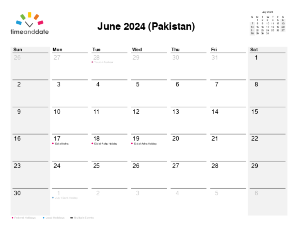 Calendar for 2024 in Pakistan