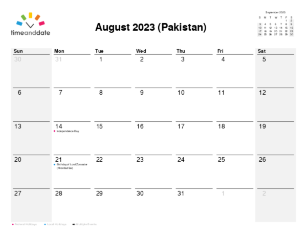 Calendar for 2023 in Pakistan