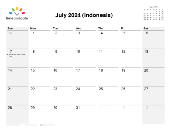 Calendar for 2024 in Indonesia