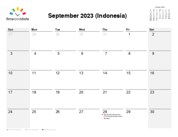 Calendar for 2023 in Indonesia