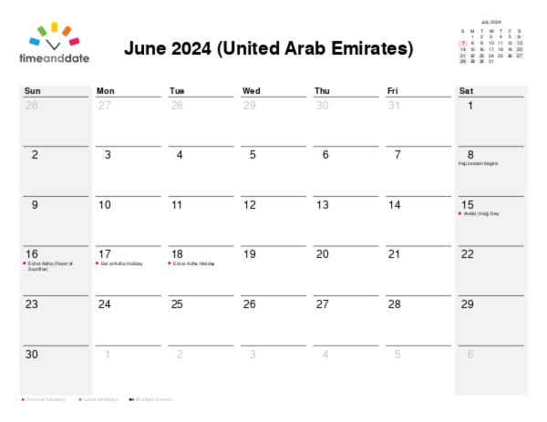 Calendar for 2024 in United Arab Emirates