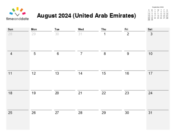 Calendar for 2024 in United Arab Emirates