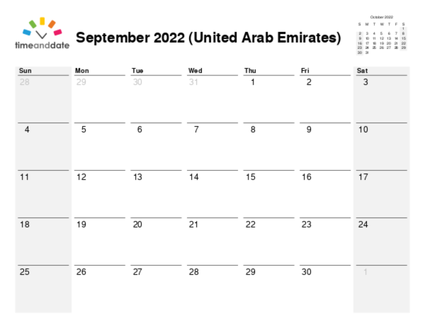Calendar for 2022 in United Arab Emirates