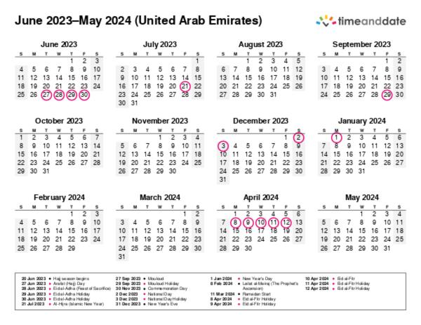 Calendar for 2023 in United Arab Emirates