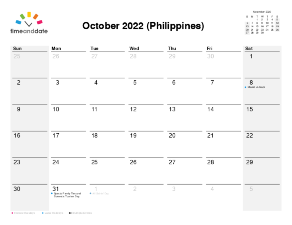 Calendar for 2022 in Philippines