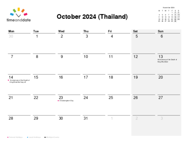 Calendar for 2024 in Thailand