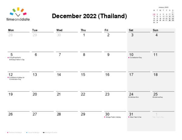 Calendar for 2022 in Thailand