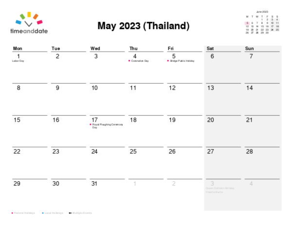 Calendar for 2023 in Thailand