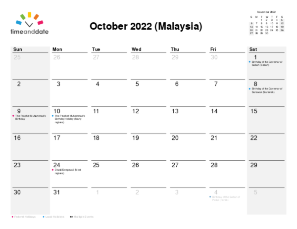 Calendar for 2022 in Malaysia