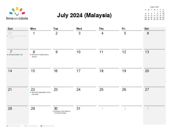 Calendar for 2024 in Malaysia