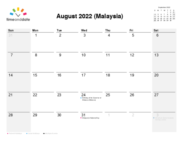 Calendar for 2022 in Malaysia