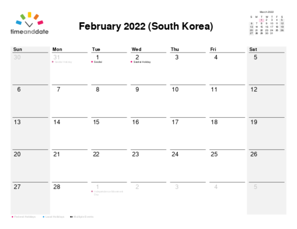 Calendar for 2022 in South Korea