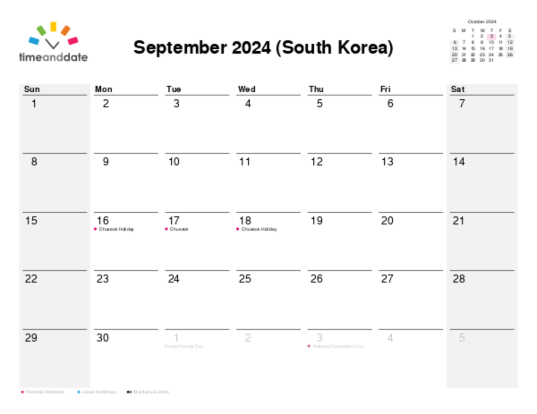 Calendar for 2024 in South Korea