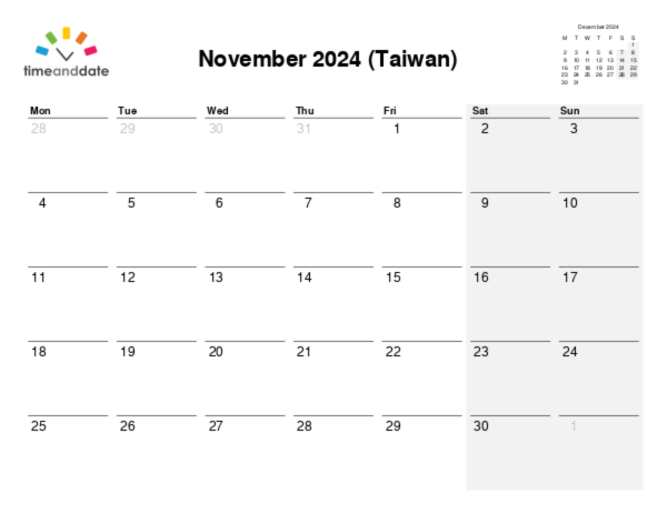 Calendar for 2024 in Taiwan
