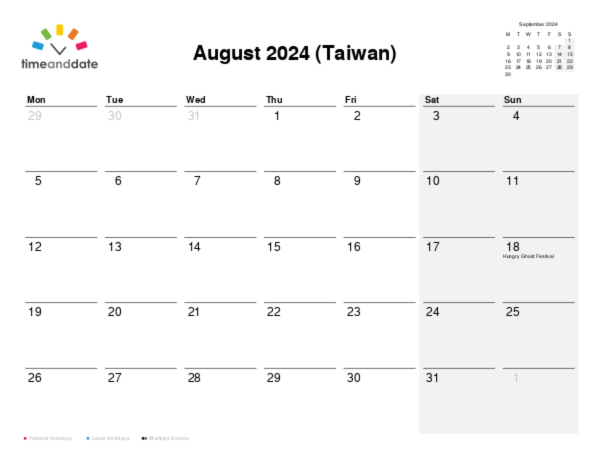 Calendar for 2024 in Taiwan