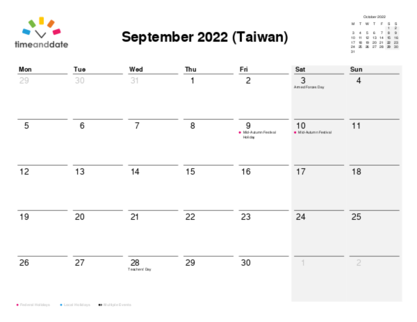 Calendar for 2022 in Taiwan