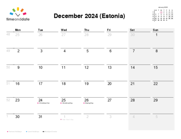 Calendar for 2024 in Estonia