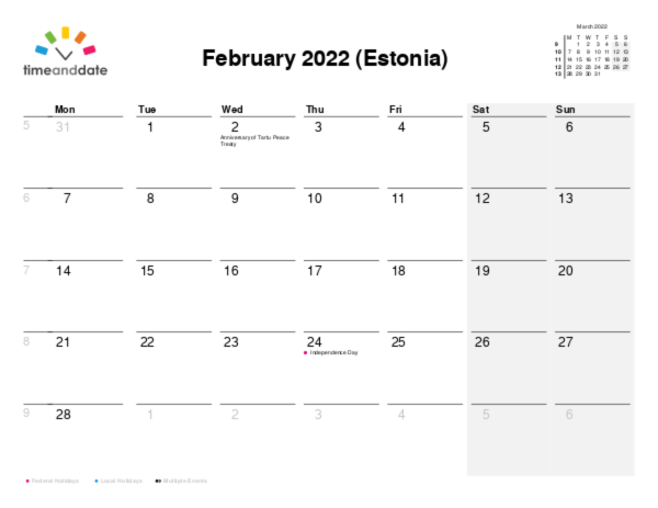 Calendar for 2022 in Estonia
