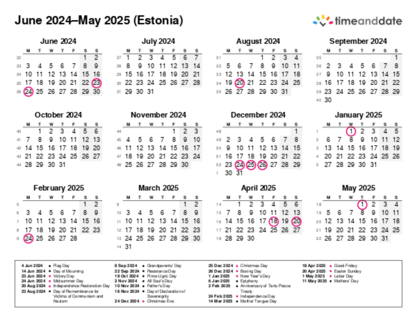 Calendar for 2024 in Estonia