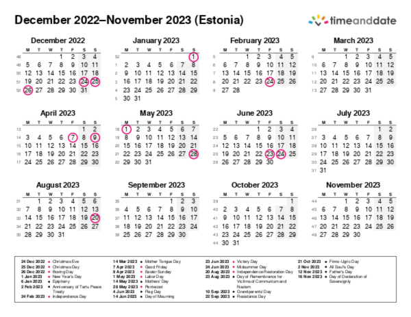Calendar for 2022 in Estonia