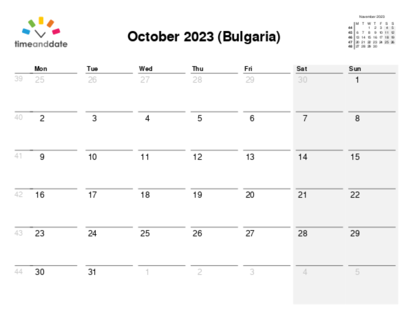 Calendar for 2023 in Bulgaria