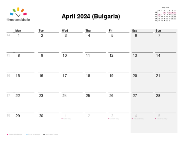 Calendar for 2024 in Bulgaria