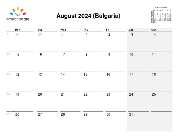 Calendar for 2024 in Bulgaria