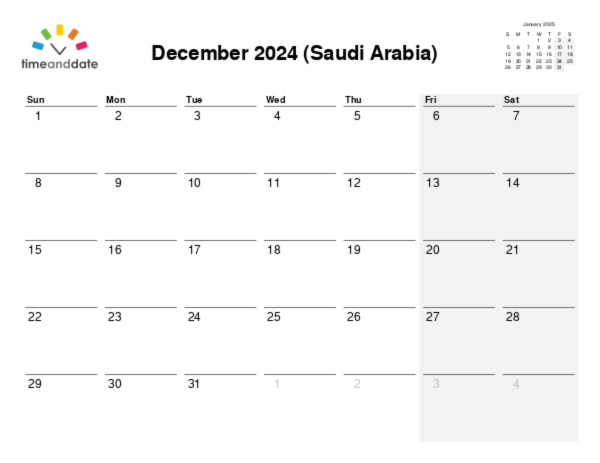 Calendar for 2024 in Saudi Arabia