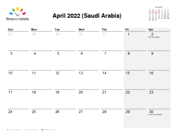 Calendar for 2022 in Saudi Arabia
