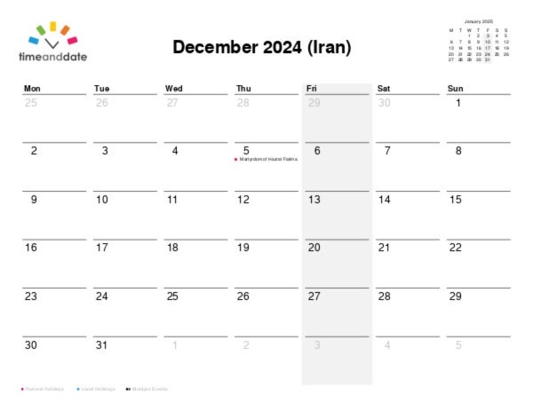 Calendar for 2024 in Iran