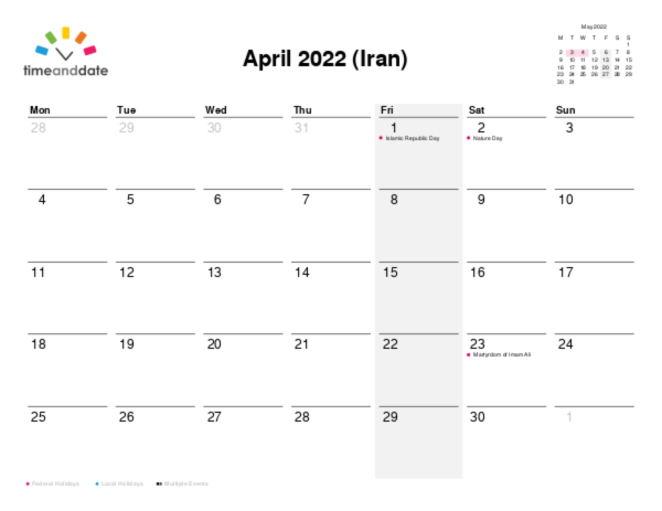 Calendar for 2022 in Iran