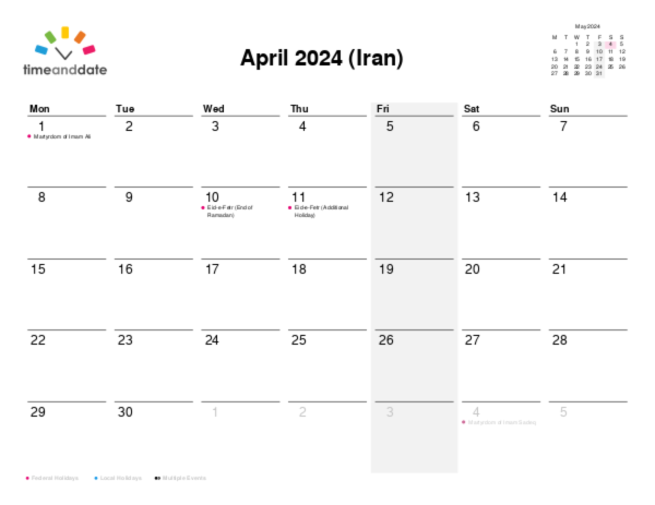 Calendar for 2024 in Iran