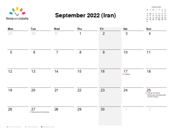 Calendar for 2022 in Iran