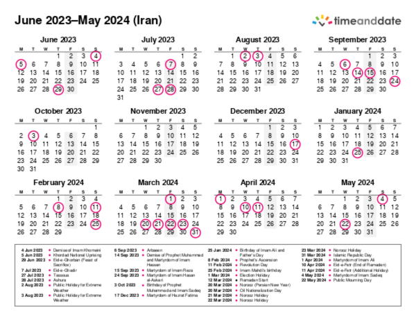 Calendar for 2023 in Iran